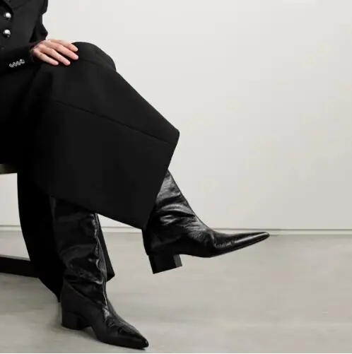 

Autumn Women Black Matte Leather Pointed Toe Med Heels Slim Knee High Boots Fashion Street Style Leisure Long Boots Shoes Lady