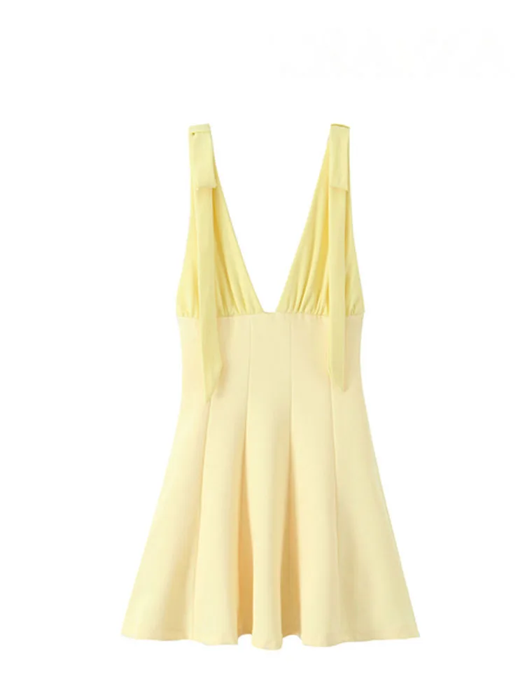 HH dames zomer nieuwe mode slanke mini-jurk geel v-hals mouwloos rugloze rits versieren vrouwelijke sexy chique jurken
