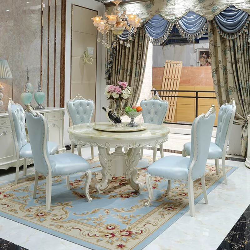 TuyaEuropean Style Solid Wood Dining Table And Chair Combination Simple European Marble Round