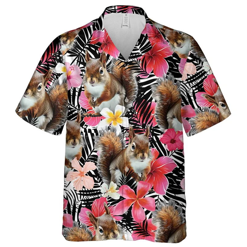 Hawaiian Cute Squirrel Graphic Beach Shirts For Men Clothes Casual Cartoon Animal Blouses Funny Kawaii Short Sleeve Aloha Tops