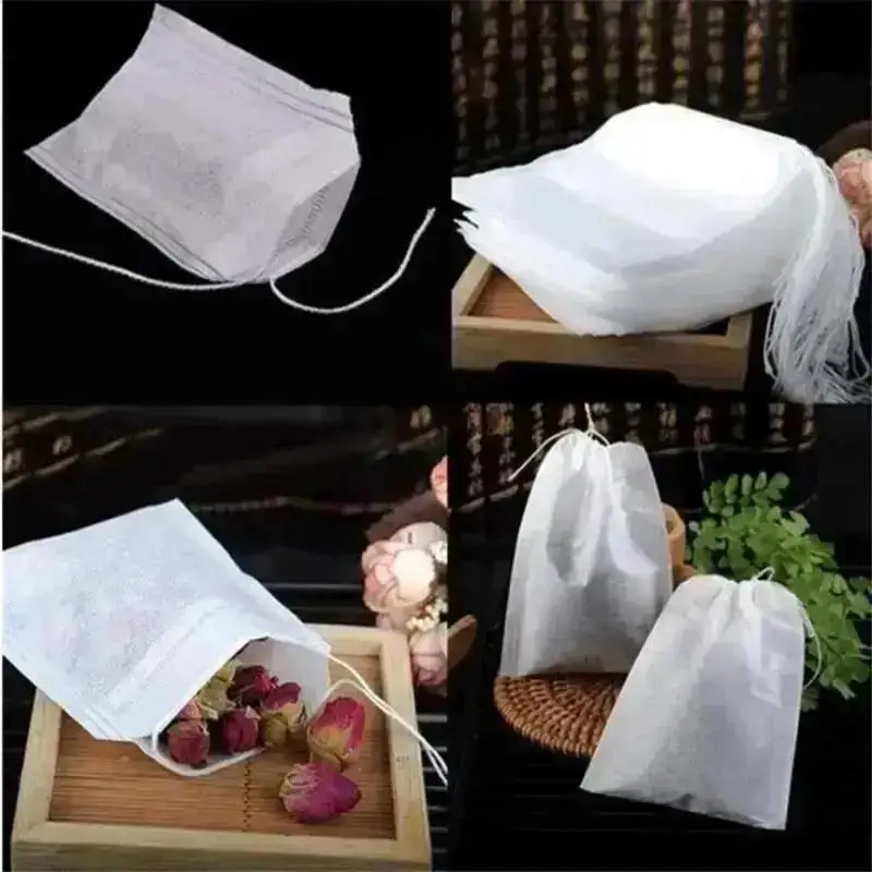 100Pcs Kantong Teh Kosong Kantong Teh Beraroma Kantong Serut Kantong Penyaring Untuk Herbal Rempah Aksesoris Rumah Tangga