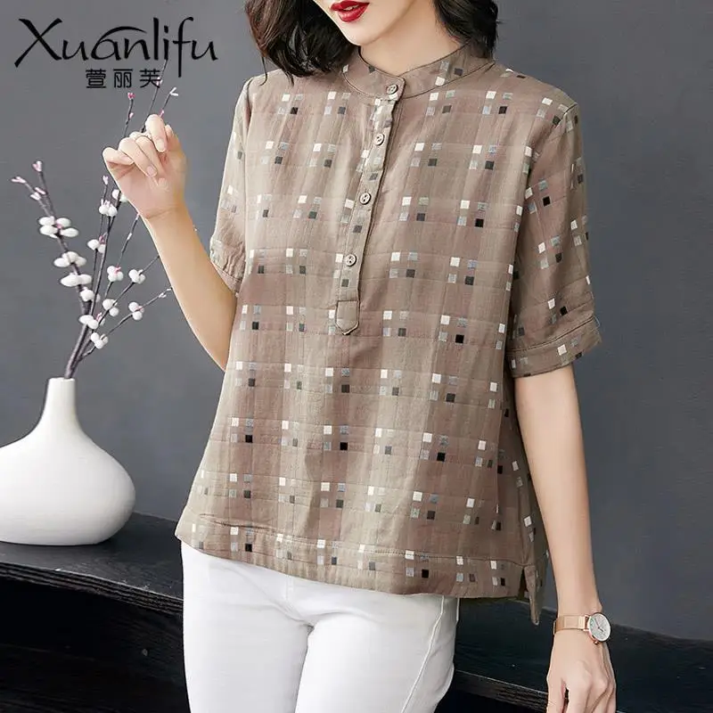 Vintage Plaid Printing Shirt Tops Short Sleeve Button All-match Loose Casual Blouse Women Clothing Fashion Harajuku Summer New