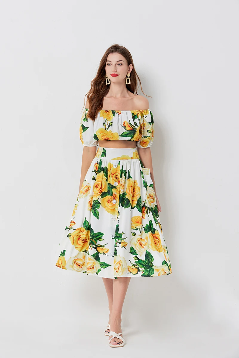 

TRAF Summer Flower Print Skirt Sets Women's Off The Shoulder Short Tops and Buttons Pocket Midi Skirt Two Pieces Sets