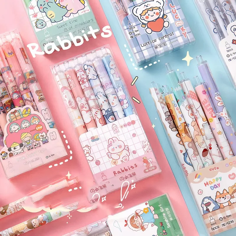 

6Pcs/Set Cartoon Pattern Press Gel Pen 0.5mm Black Ink Cute Writing Drawing Pen Student Stationery School Office Supplies