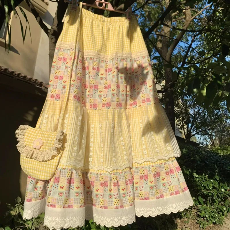 

2025 New Spring French Style Vintage Stitching Printing Loose Sweet Versatile Lace Cake Skirt Women's Niche Retro Skirt