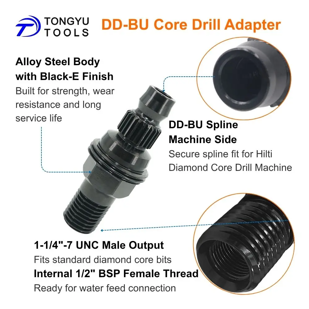 DD-BU Spline Diamant-Kernbohradapter 1-1/4"-7 UNC Außengewinde 1/2" BSP Innengewinde für Hilti DD250 DD400 DD750 – Detail 4