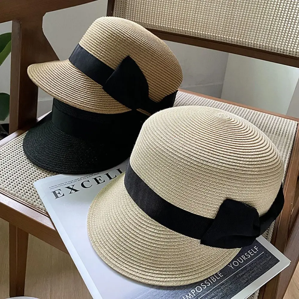 Summer Woven Bow Sun Hat UV Protection Peaked Cap Straw Hat Solid Color Panama Hat Women