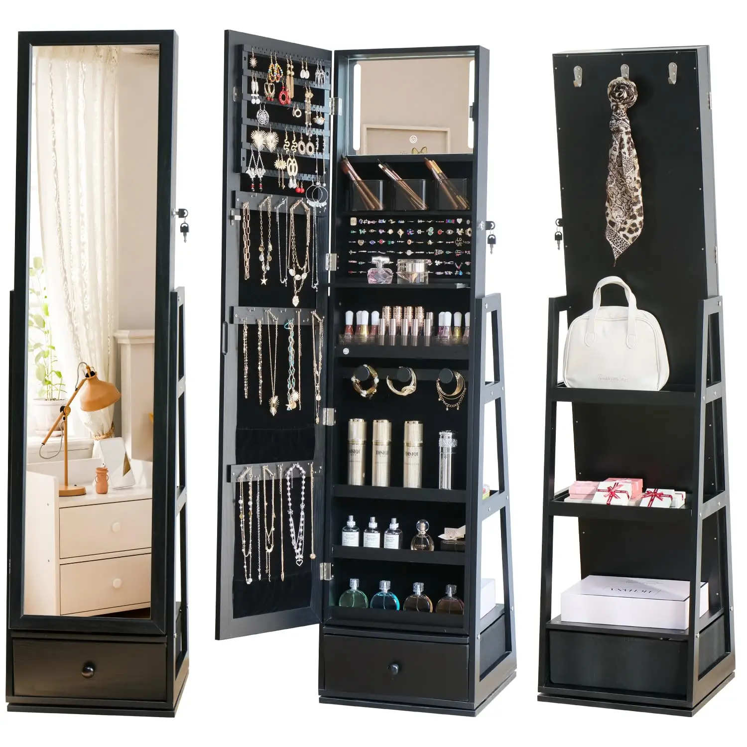 Full Length Jewelry Cabinet Standing With Built-In Mirror Jewelry Armoire With Mirror Drawers, Lockable Storage Mirror