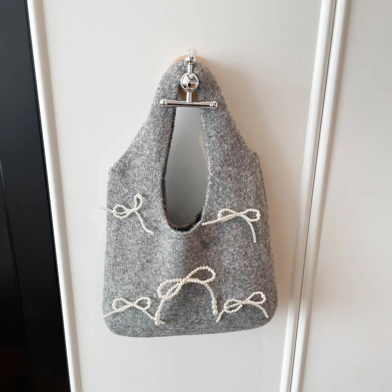 Women Tote Bag Crochet Large Capacity Knitted Handbag Trendy Handmade Woven Bag Fashion Pearl Bow Bag Clutches