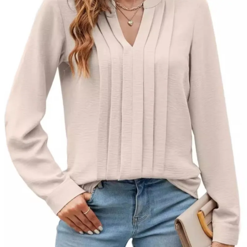 

Women's Chiffon Shirt V-neck Casual Long Sleeved Pleated Solid Color Pullover Fashionable Office Shirt Elegant Women's Clothing