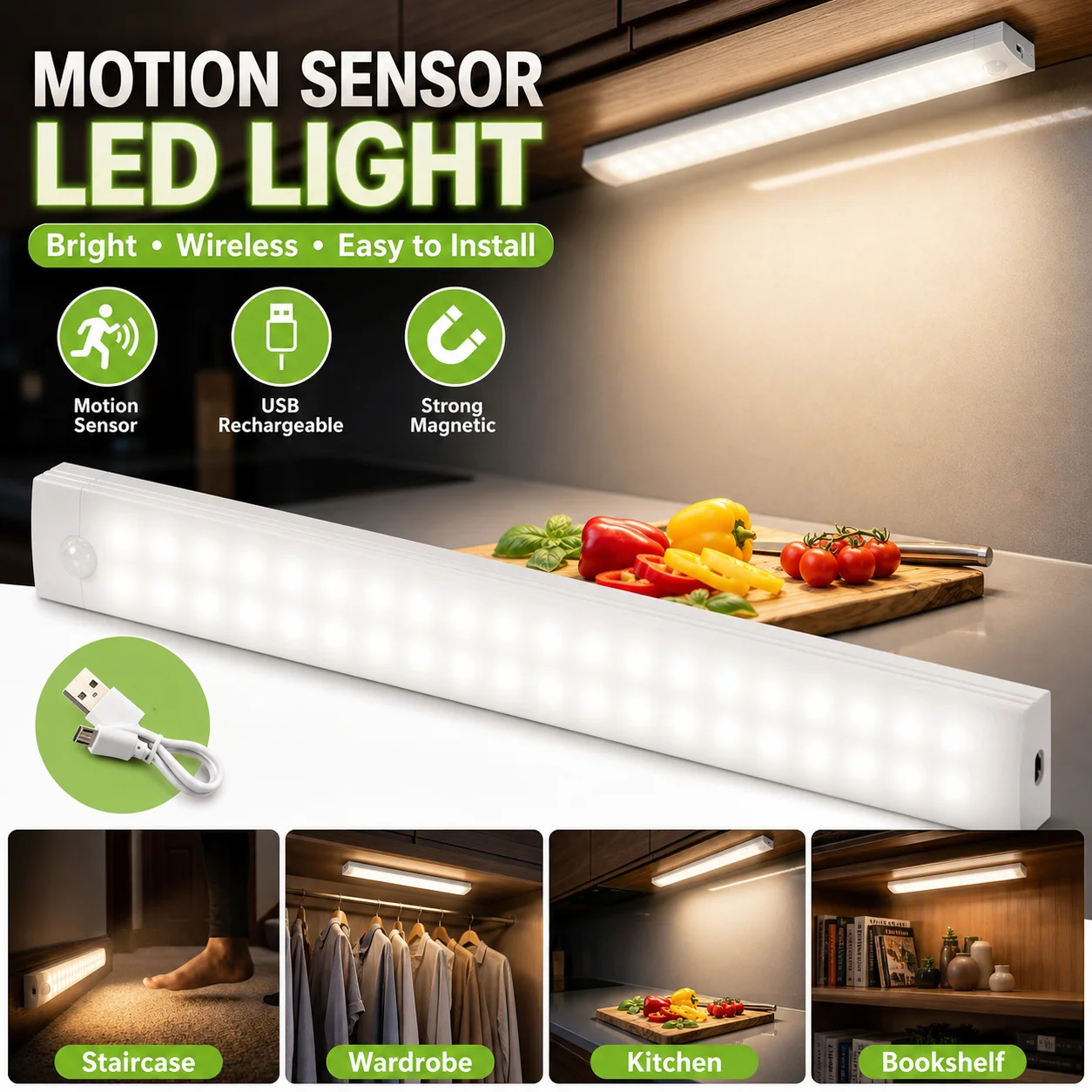 Motion Sensor Light USB Charging Magnetic Cabinet Light Wardrobe Staircase Sensor Lamp for Wardrobe Dormitory Corridor