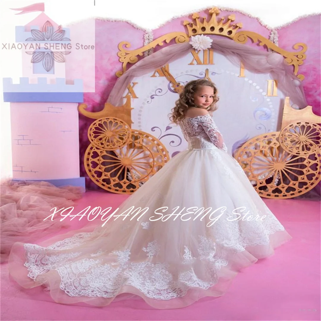 Flower Girls Dresses Long Sleeves Lace Appliqued First Communion Dress Custom Made Sweep Train Ruched Tulle Kids Formal Wear