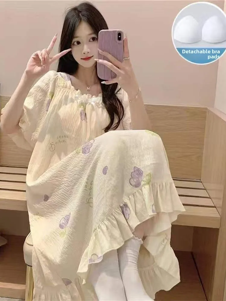 Summer Cloud Cotton Sleepwear Women's Short Sleeve Sleep Dress with Detachable Chest Pad Medium Length Loose Dress Can Be Wor...