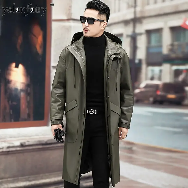 YOLANFAIRY Genuine Leather Windbreaker Jacket Casual Long Leather Coats Men Jackets Hooded Sheepskin Coat Loose Handsome Top