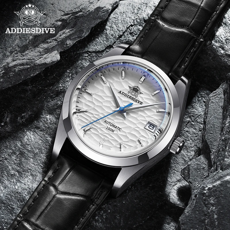 Addiesdive ساعة رجالي الياقوت الزجاج ثلاثية الأبعاد محكم الهاتفي ساعات أوتوماتيكية 100 متر مقاوم للماء الفولاذ المقاوم للصدأ فستان ساعة اليد AD2118