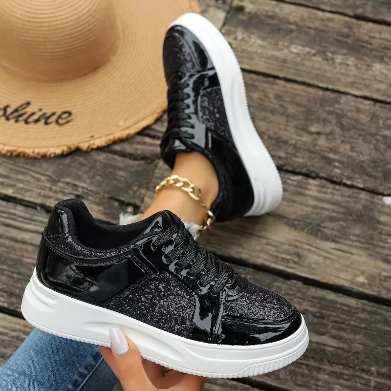 Spring and Autumn Casual Vulcanized Shoes Women Fashion Sequin Platform Sneakers Large Size Lace Up Skate Shoes Tenis De Mujer