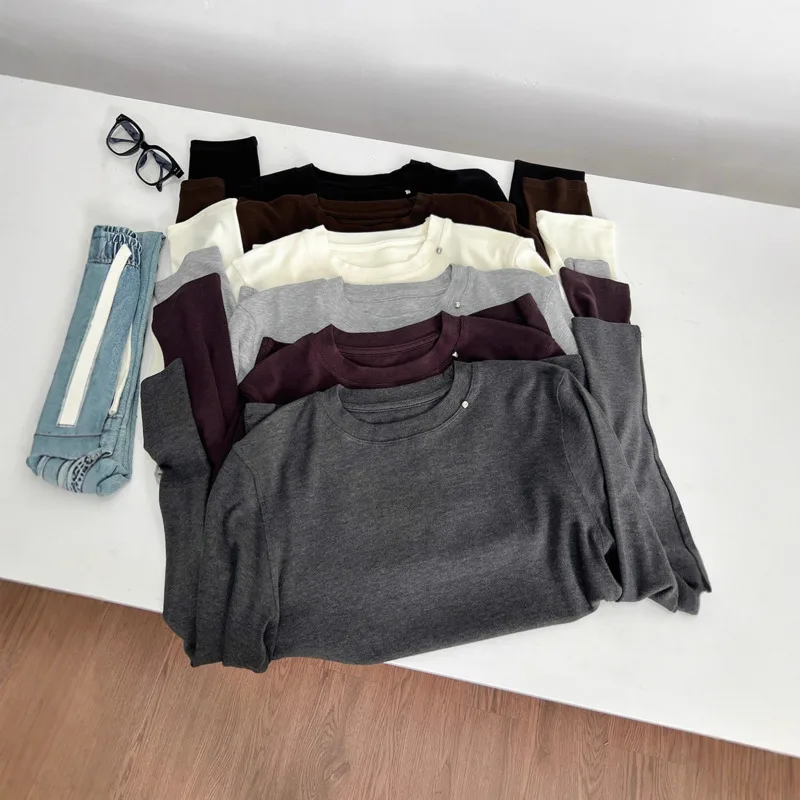 

Осенняя женская футболка с длинным рукавом, мягкие однотонные топы с круглым вырезом, базовый низ
