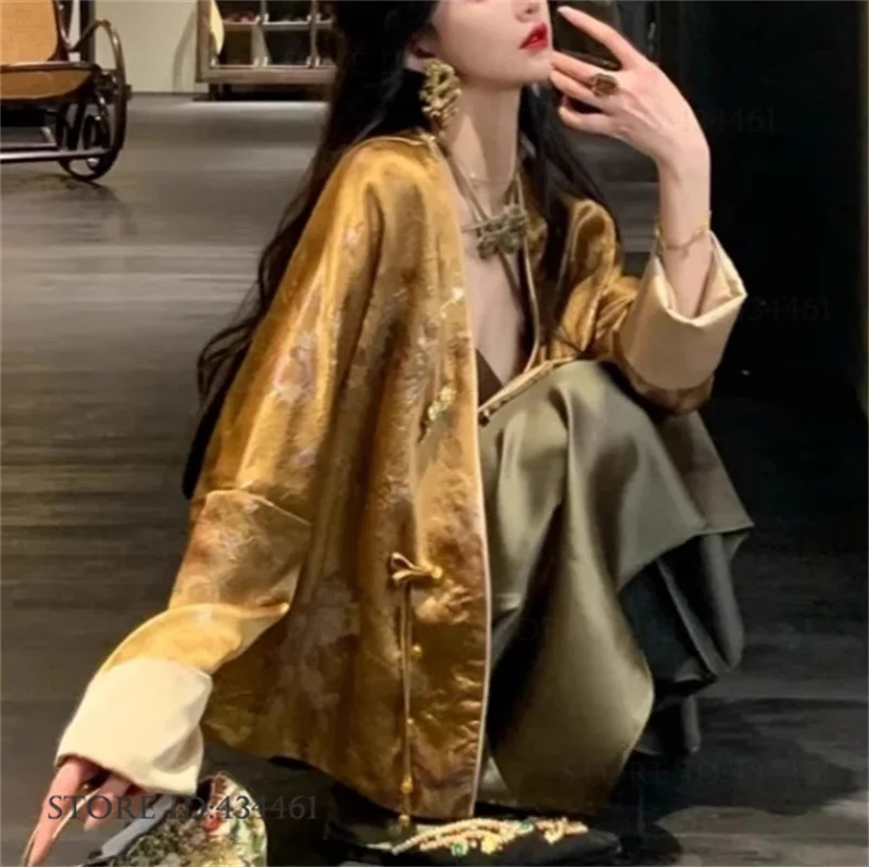 Chinese Style Women Hanfu Top Jacket Elegant Satin Jacquard Kimono Cardigan Gown Spring Summer New Sleeve Coat Eastical Clothes