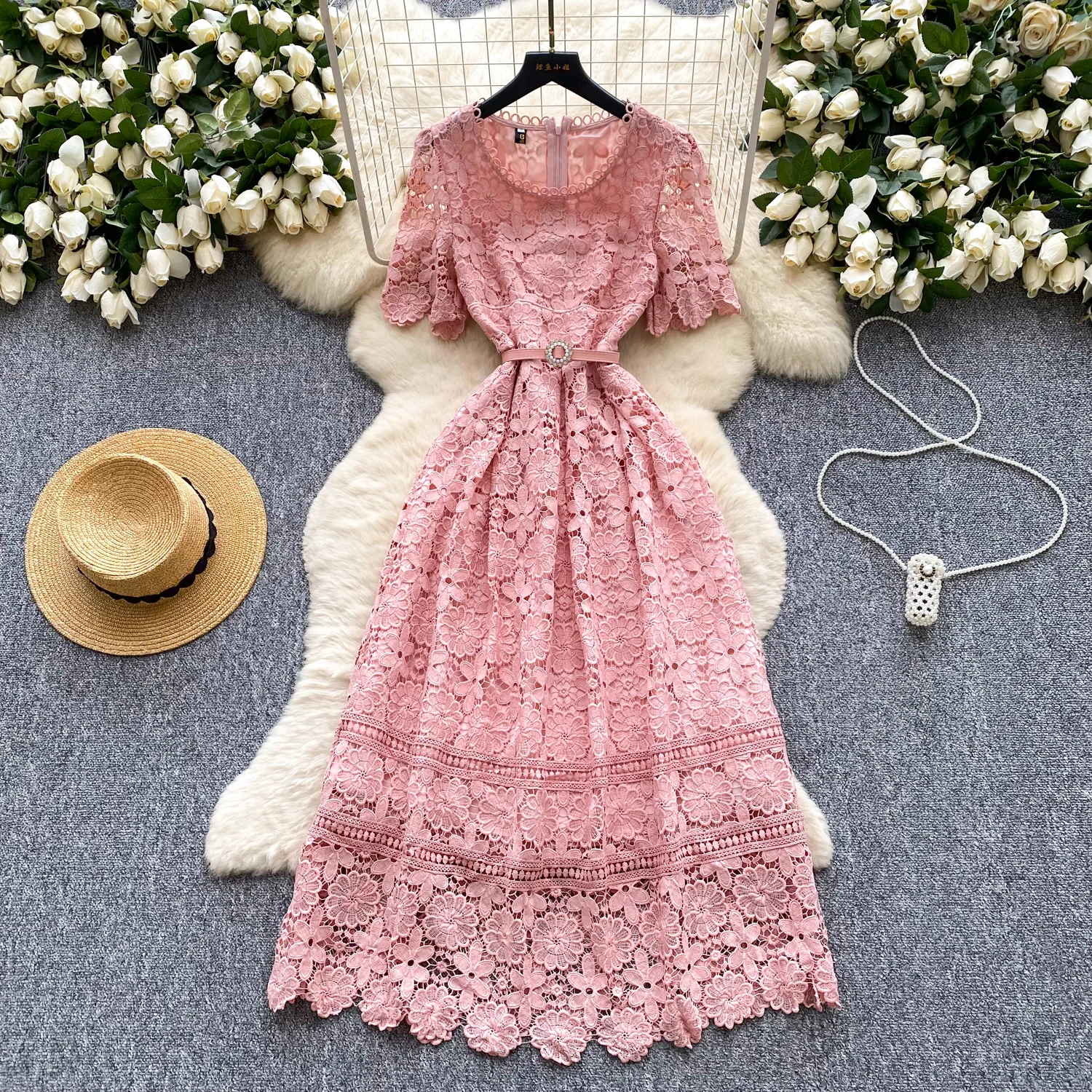 

Vintage sexy Hook flower hollow lace short sleeve dress Chic Summer Beach fairycore Vestidos Vacation women clothing