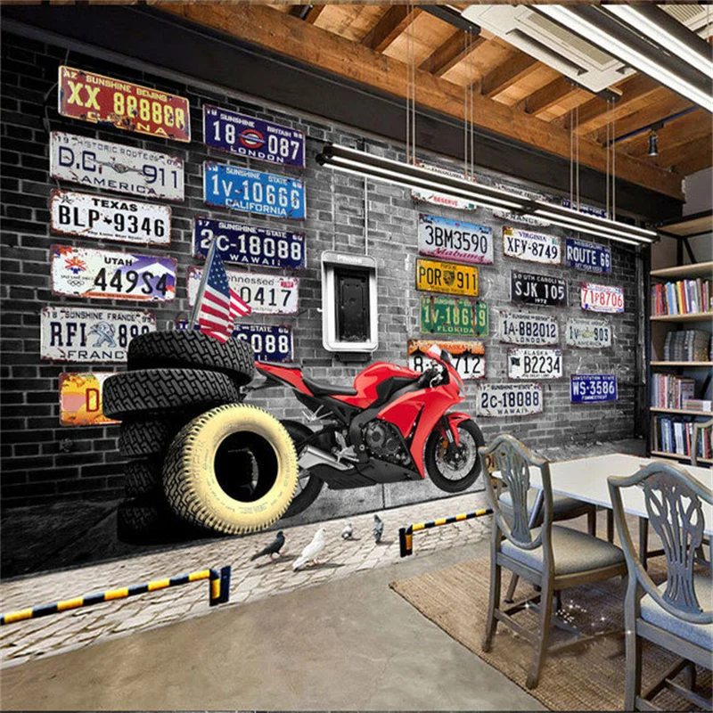 

Europe America Nostalgic Retro Brick Plates Motorcycle Tire 3D Mural Wallpapers for Restaurant Bar Coffee Shop Wall Paper 3D