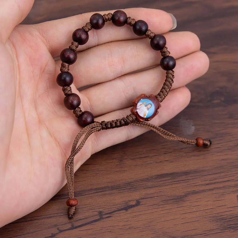 

Eastern Orthodox Wooden Bracelet Prayer Bracelet Adjustable Rope-Braided Handmade Beaded Jewelry with Jesus and Mary Icon Decor