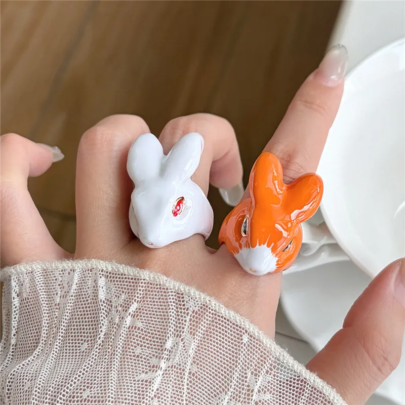 Retro Enamel Cute 3D Rabbit Open Suitable Ring for Women Unique Personality High-End Feeling Daily Party Holiday Jewelry Accesso