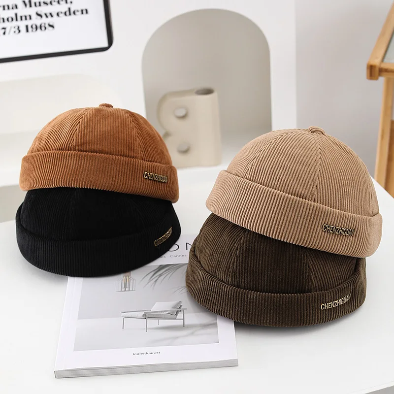NewUnisex Corduroy Solid Color Brimless Caps for Men Women Streetwear Hip Hop Hats Retro Beanie Docker Caps Adjustable Dome Hats