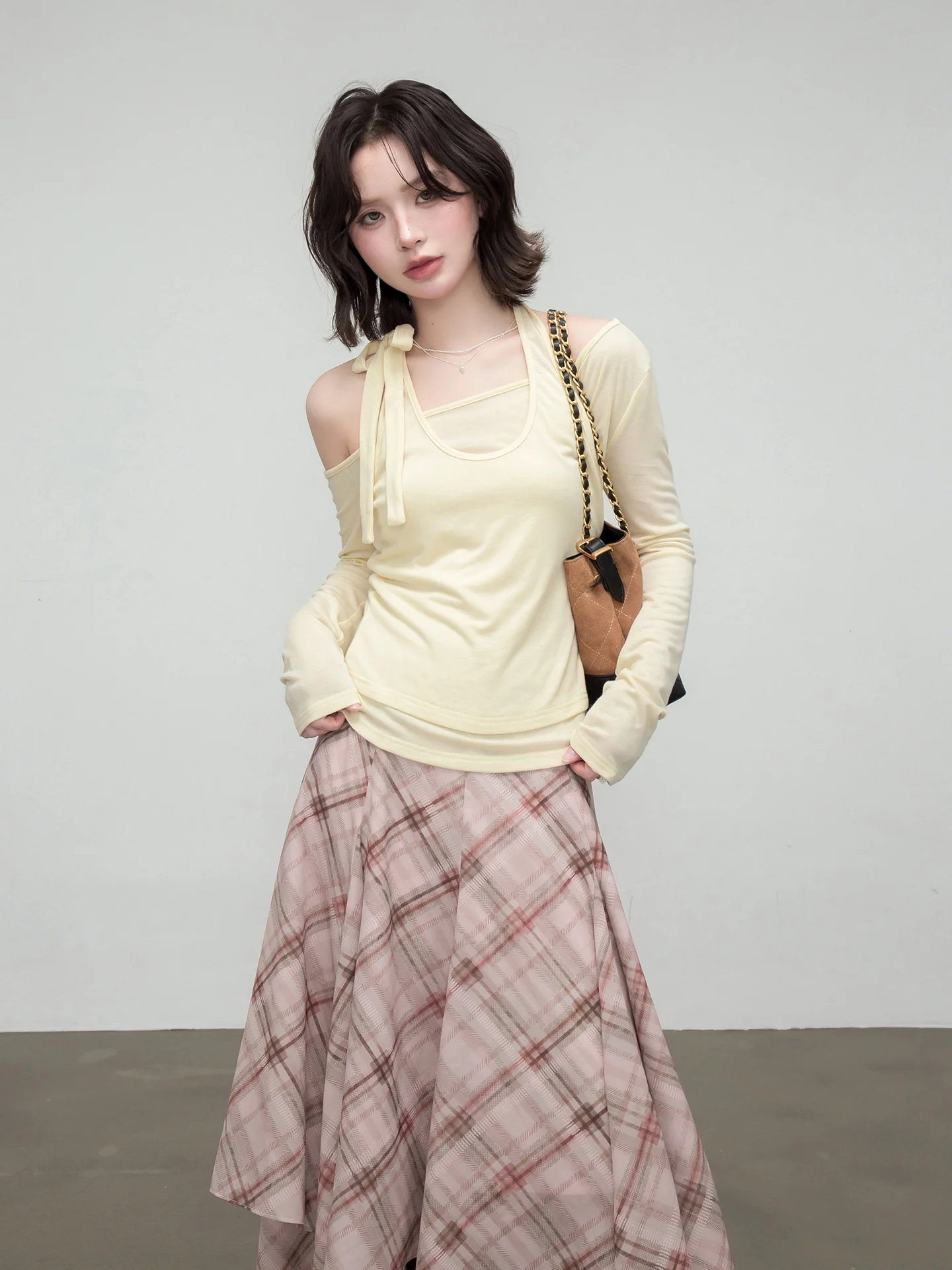 

ONEOFUUU женская трикотажная футболка в Корейском стиле, точная весенняя ткань с сыром, состоящий из двух частей, искусственный вязаный топ ort Sve round Ne