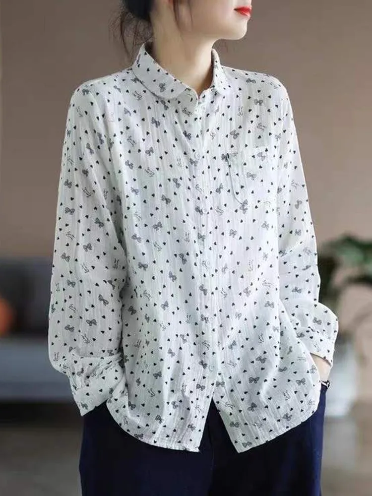 Women Long Sleeve Cotton Shirts New 2022 Autumn Simple Style Vintage Print All-match Loose Female Casual Tops Shirt B2137