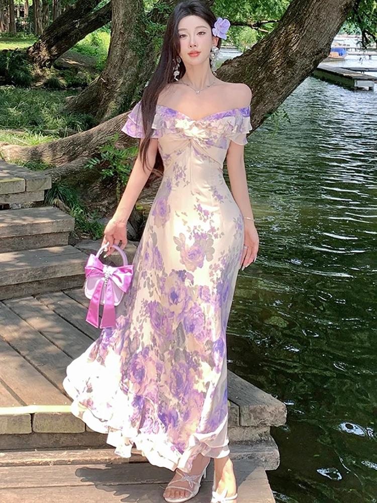 Summer Purple Floral Chiffon Chic Ruffled V-Neck Sexy Long Dress Women Boho Elegant Casual Dress 2025 Korean Bodycon Party Dress