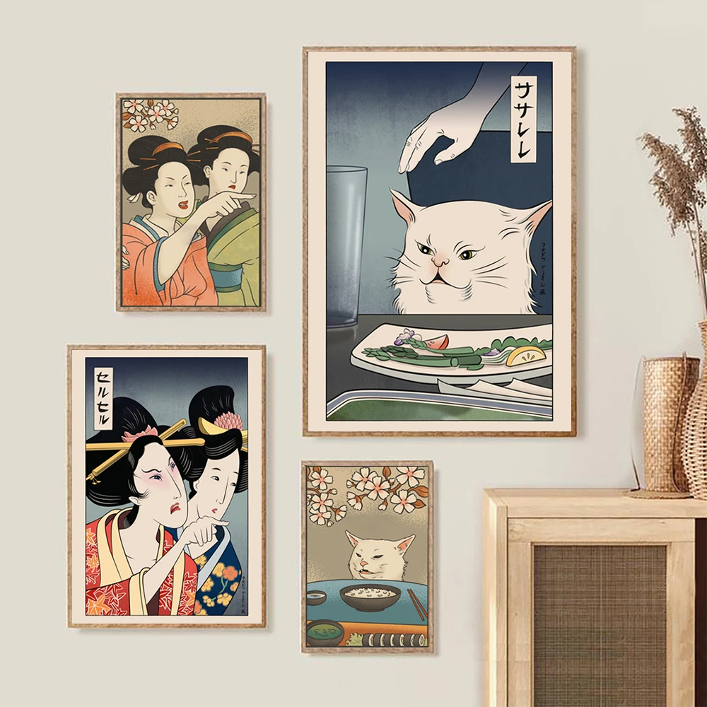 Woman Yelling at Cat Art Prints Ukiyo-e Style Home Wall Decor Funny Japanese Wall Art Canvas Painting Kitchen Decoration Picture