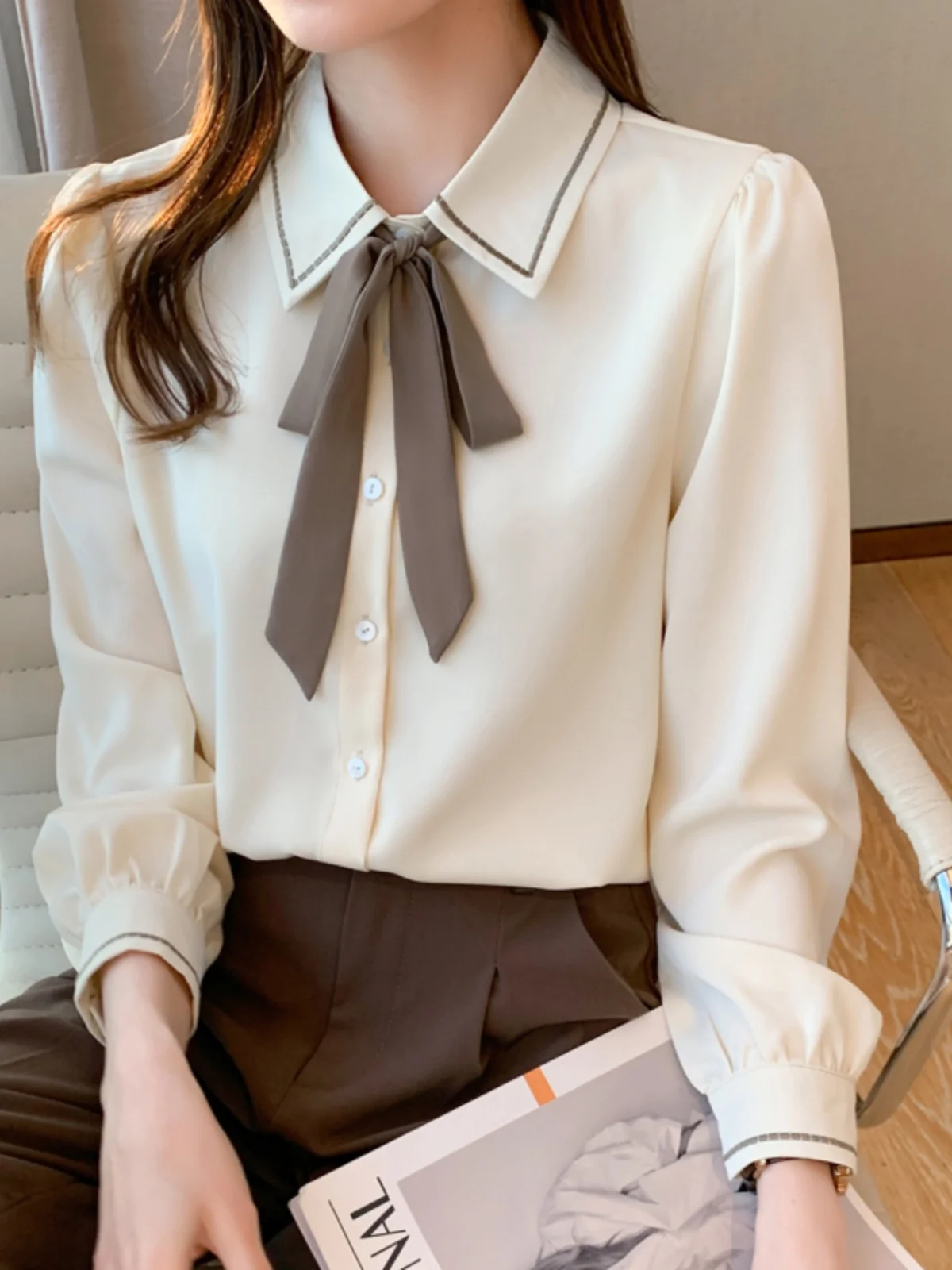 

Fashion Elegant Shirts Solid Color Ladies Shirts Causal Bow Women's Blouses Spring Long Sleeve Shirts Tops Blusas 2024 W122