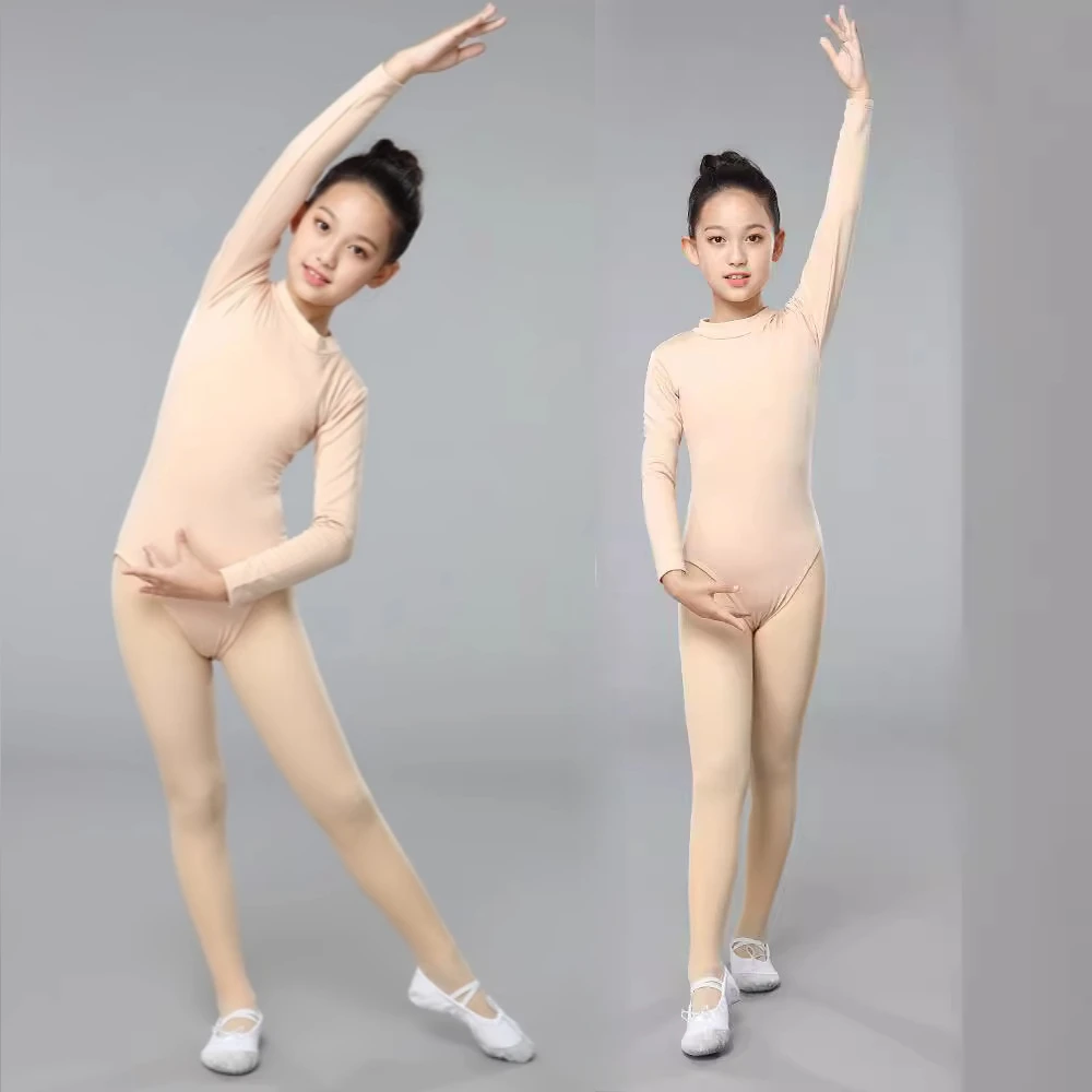 

Детский танцевальный купальник для подростков - тонкое балетное боди тона кожи, невидимые колготки, одежда для тренировок, комплект одежды для девочек