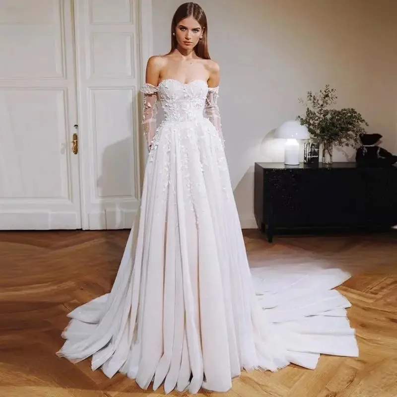 

Customized Romantic Strapless Lace Up Front-Split A-Line Wedding Dress 2025 Gorgeous Appliques 3D Flowers Princess Bridal Gown
