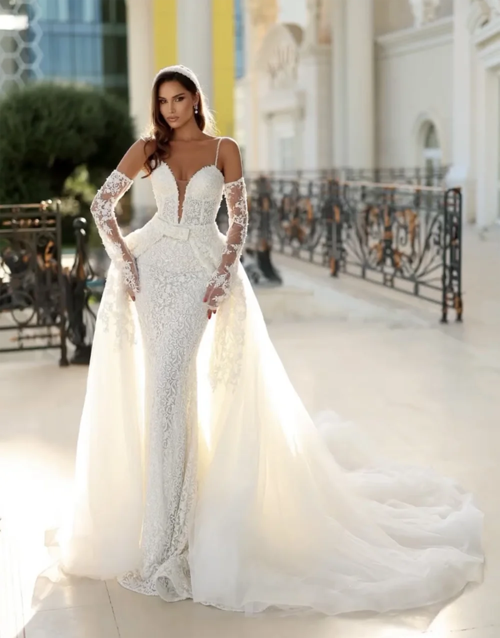 Prachtige kanten trouwjurken zeemeermin pailletten spaghettibandjes afneembare trein bruidsjurken elegante vestido de novia op maat