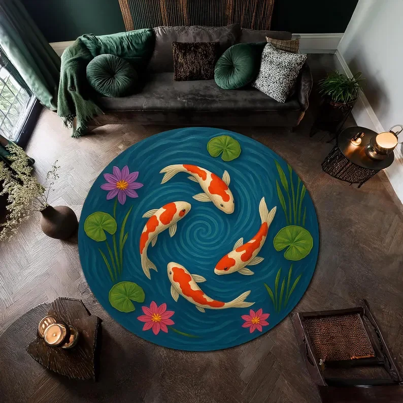 Koi Pond Harmony Round Rug – Japanese-Inspired Koi Fish & Water Lily Carpet with Rock Frame for Zen Home Decor