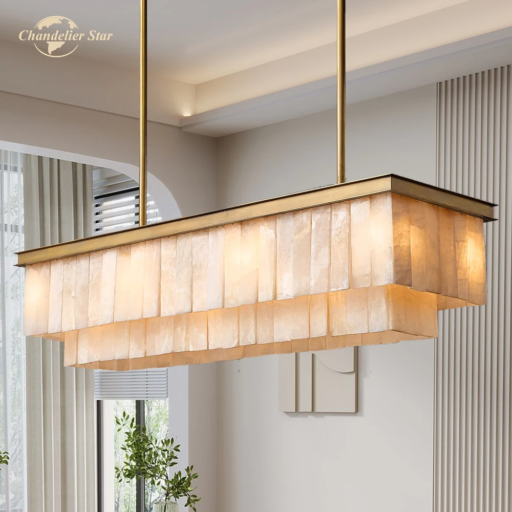 

Glace Calcite Rectangular Chandeliers Modern Retro LED Marble Stone Metal 2 Tiers Lamps Lustre Dining Room Living Room Lights