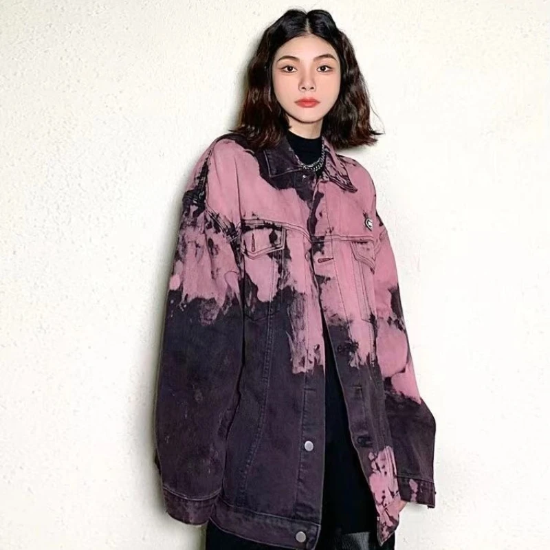 Vintage Oversized Denim With Contrast Tie Dye Snap Button Collar Streetwear Style For Spring Autumn