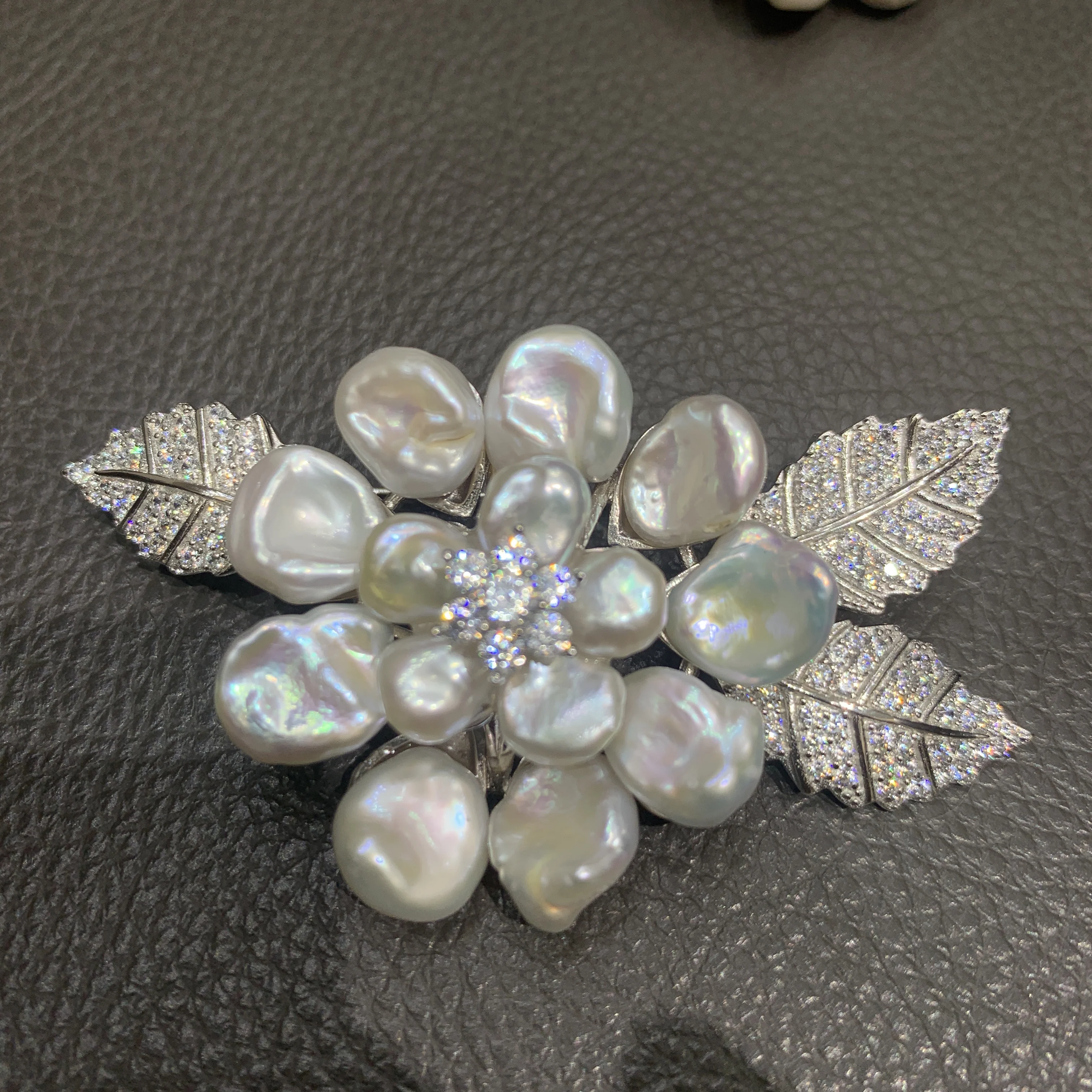 natural fresh water pearl flower brooch pins 925 sterling silver with cubic zircon romantic baroque keshi pearl luxury jewelry