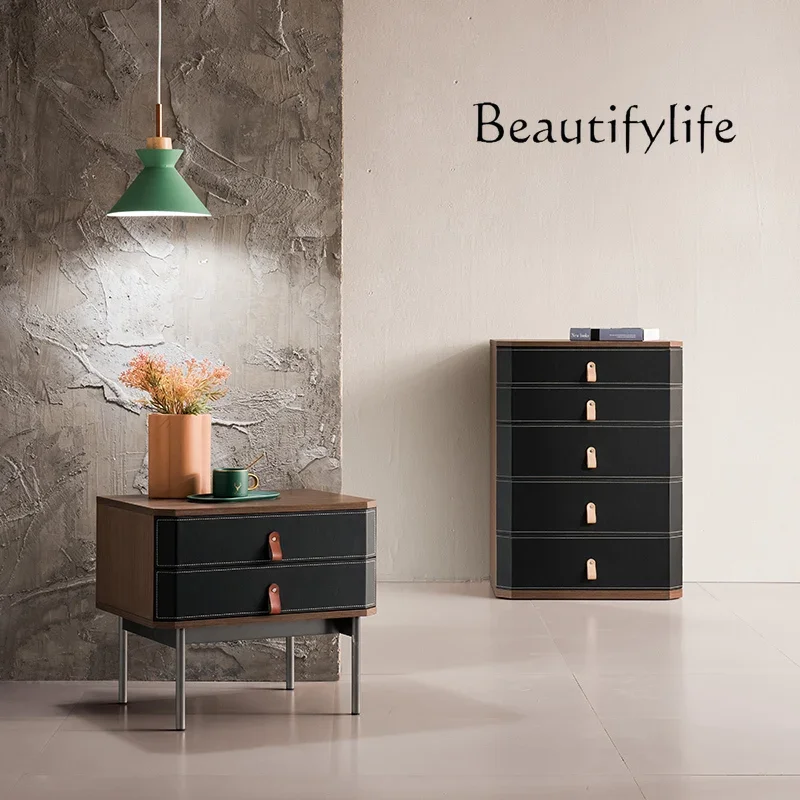 

designer high-end bedroom walnut saddle bedside table Italian minimalist bedside table modern light luxury
