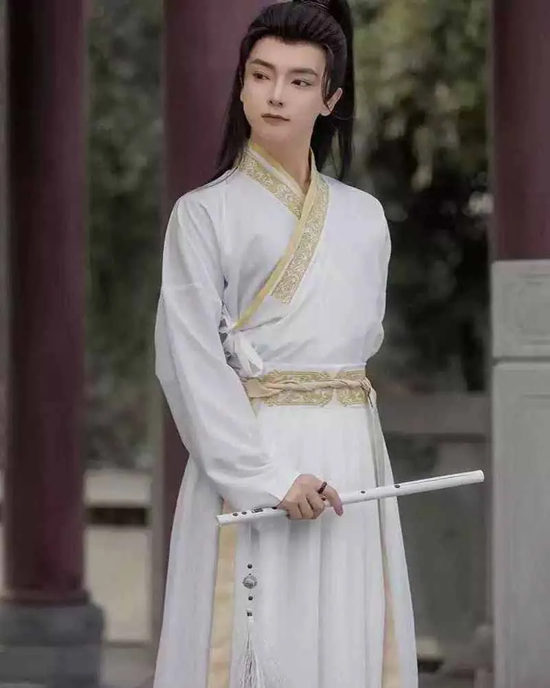 Унисекс Hanfu Мужской Китайский Традиционный Вышивка Черно-Белый Hanfu Тан Костюмы Рубашка + Юбка + Пальто Косплей Костюм Плюс Размер 2XL