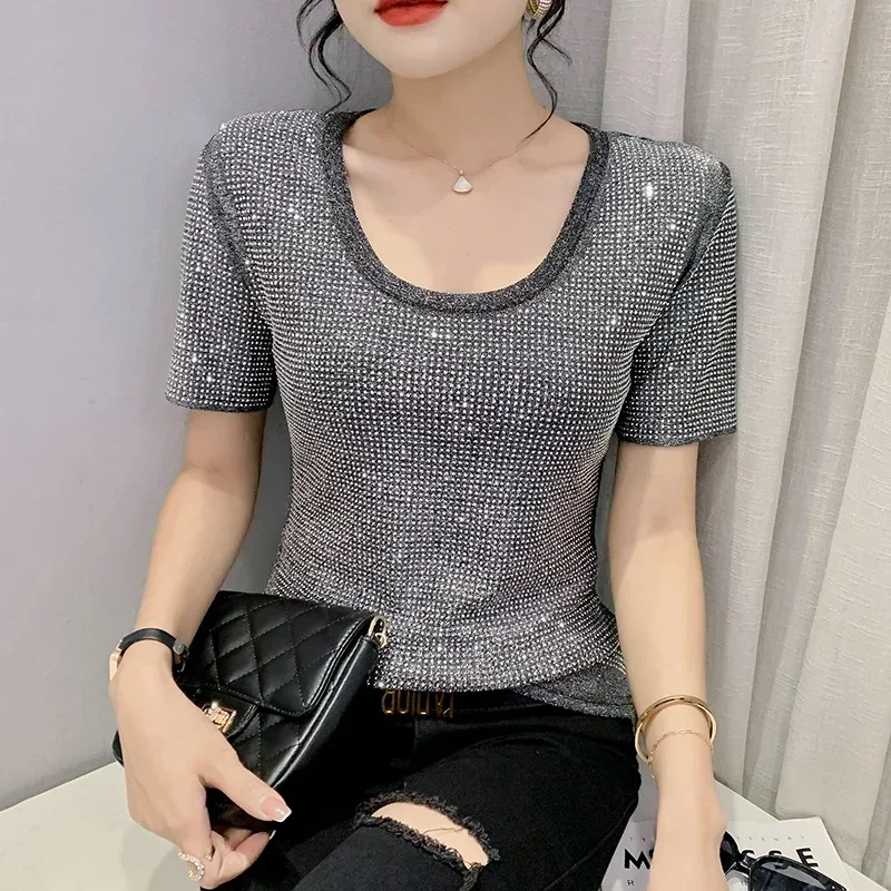 

New Women's Short Sleeve Bling T-Shirt, Chic Sexy Shiny All Diamonds, Y2K Tops, Hand Make Tees, European Clothes, Summer, 2024
