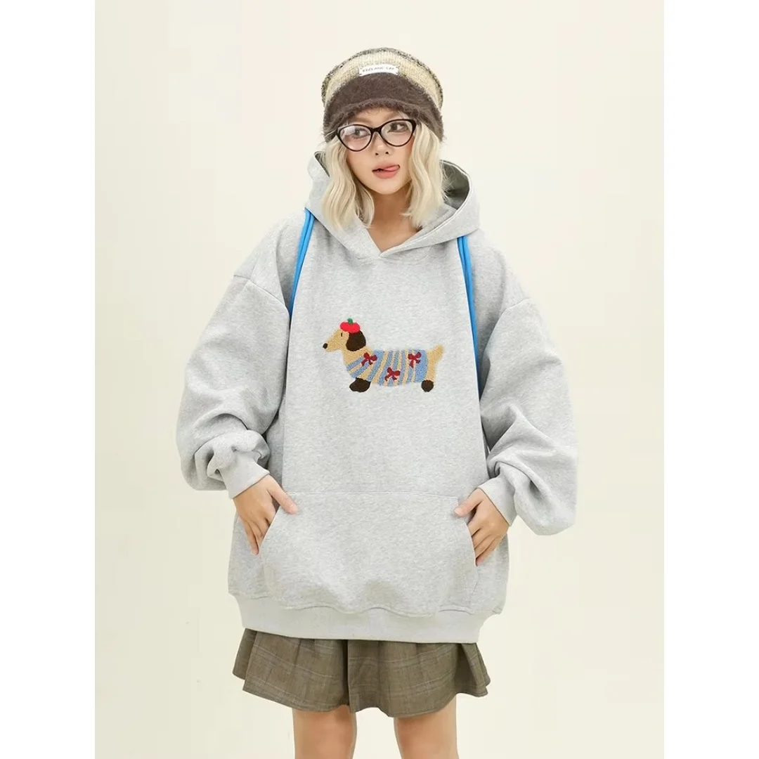 Niedlicher Hoodie mit Dackelmuster für Damen, Herbst, süßer Cartoon-Print, Kapuzenpullover für Streetwear, Alltags- und Freizeitoutfit – Detail 3