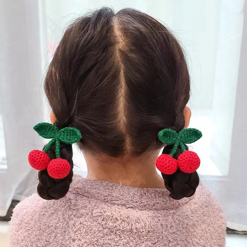 1pc Cute Red Cherry Wool Knitted Hair Clip Sweet Hair Crocheted Tie Hair Accessories Baby Princess Headdress