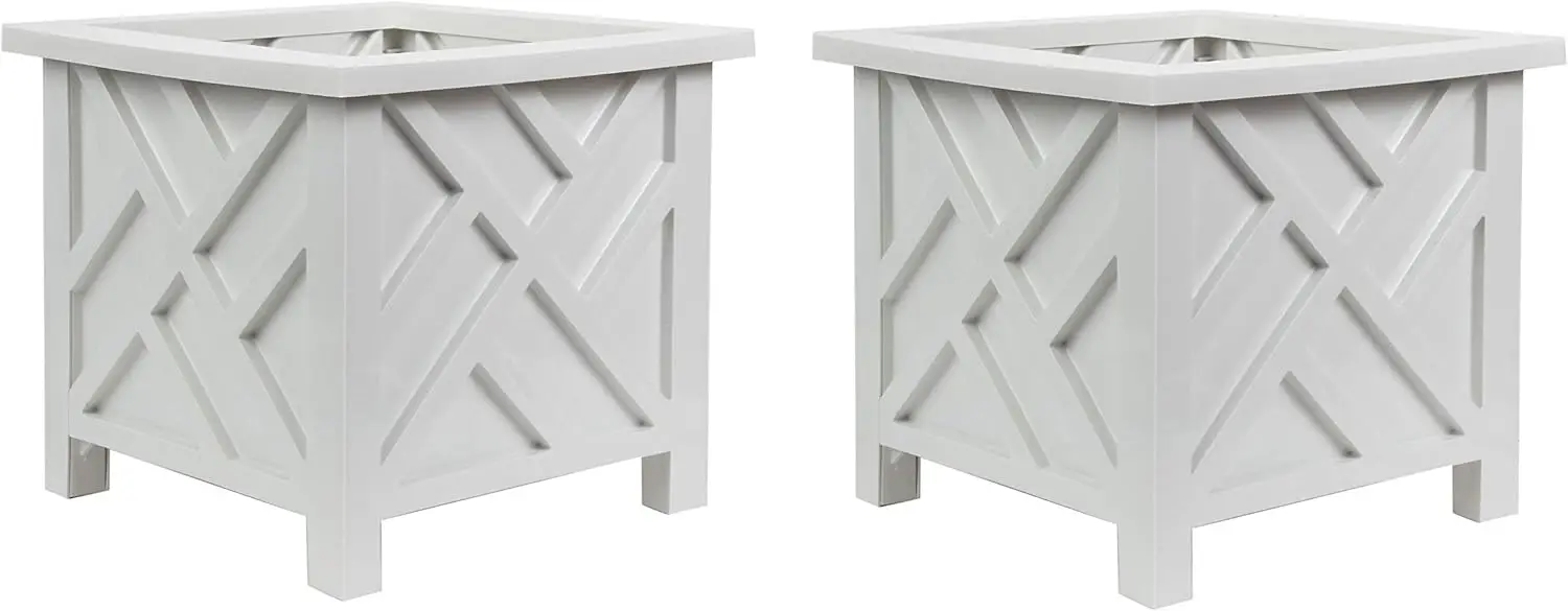 

Elegant White Planter Box Set of 2 with Lattice Design for Patio, Porch, and Garden Decor