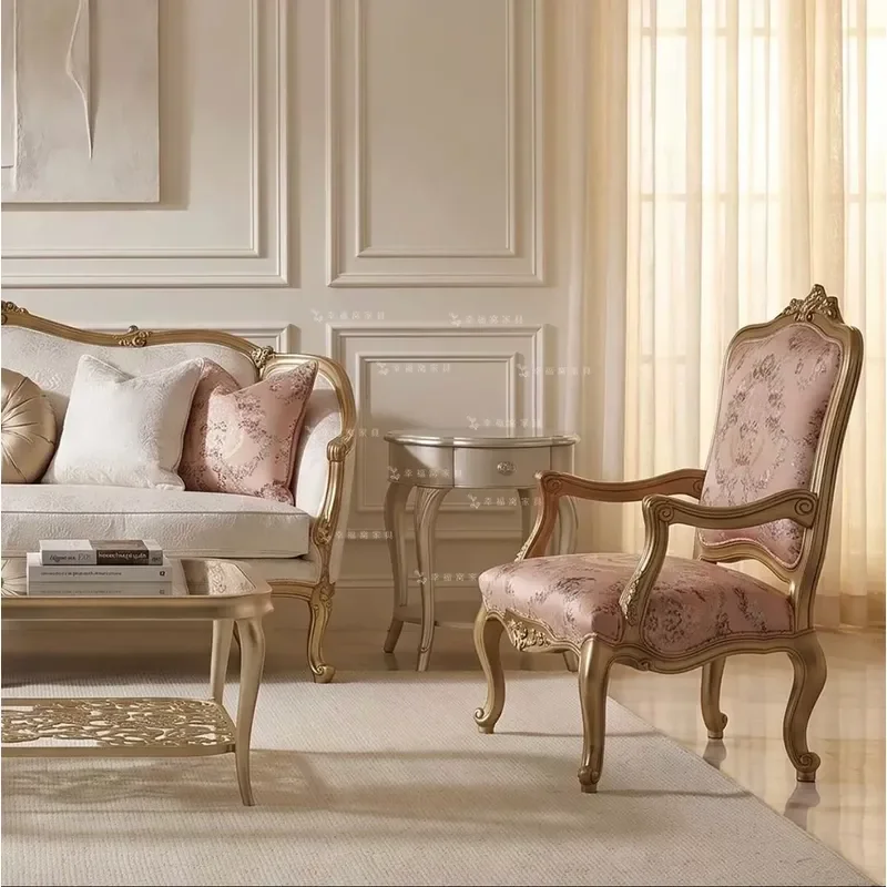 American Neoclassical Solid Wood Carved Sofa Chair Pink Embroidered Fabric Hotel Reception Lounge Chair Gold Accent Furniture