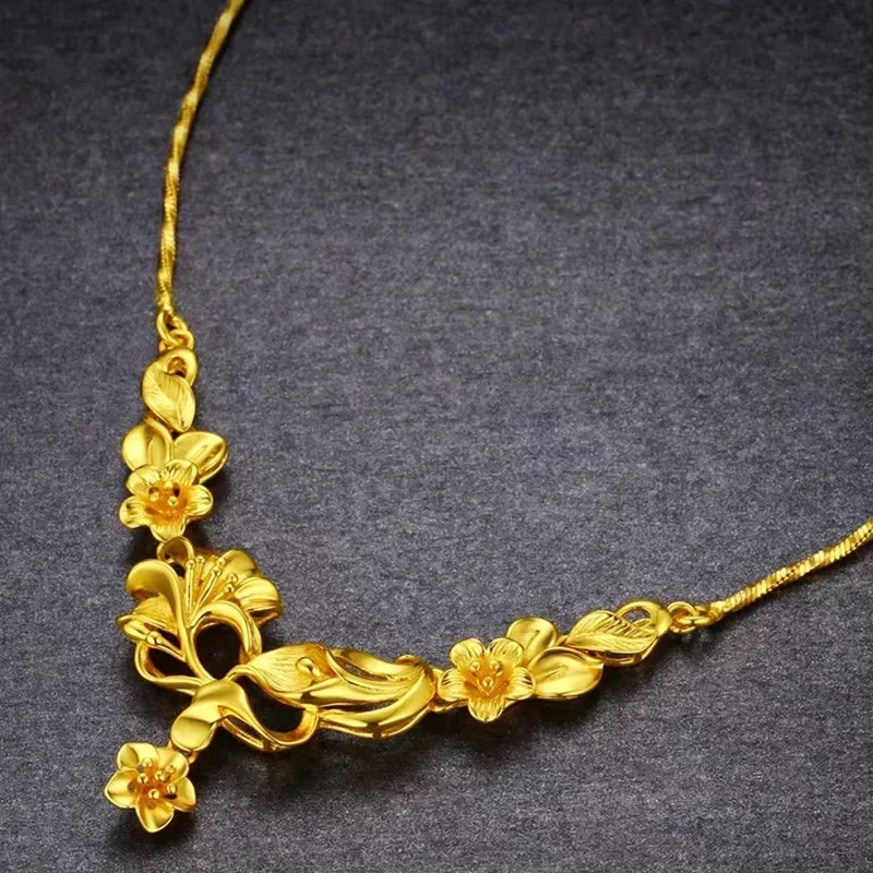 High quality pure gold 999 real gold chain 24K gold tulip roses a necklace flower pendant wedding mother gift AU999