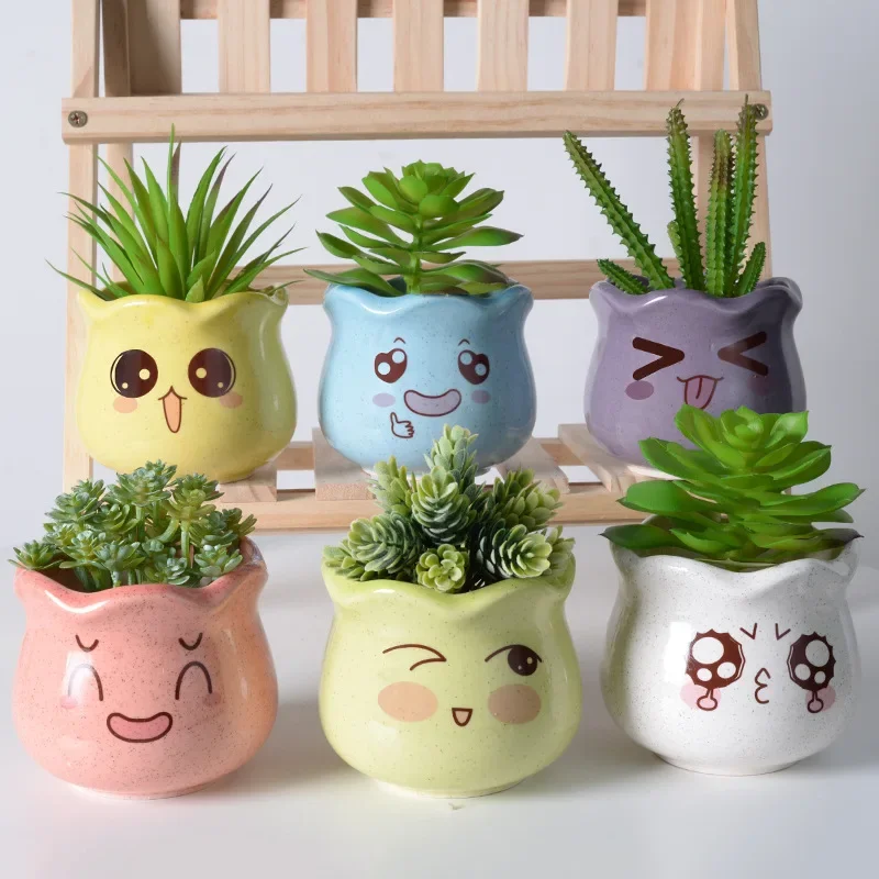 Meaty Ceramic Flower  Cartoon Cute Cactus Small  Indoor Balcony Tabletop Flower  Fashionable Girl Flower Pot