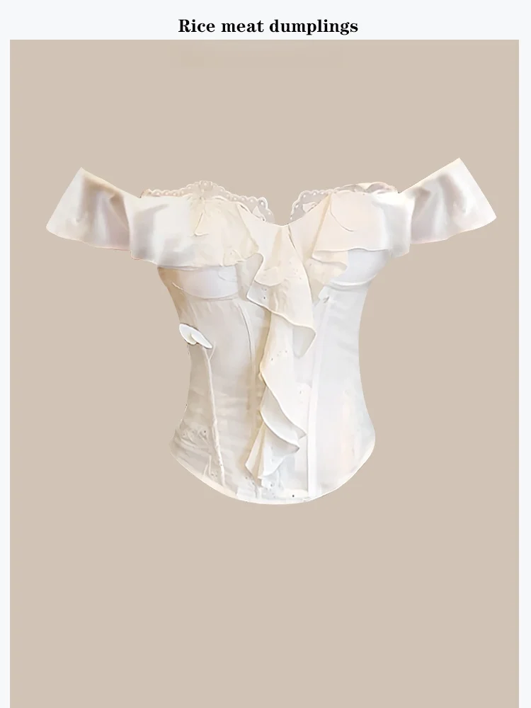 

White Fishbone Strapless Crop Top Trendy Sexy Shoulder Bared Vest Sleeveless Thai Style Women's Tube Top Short Length