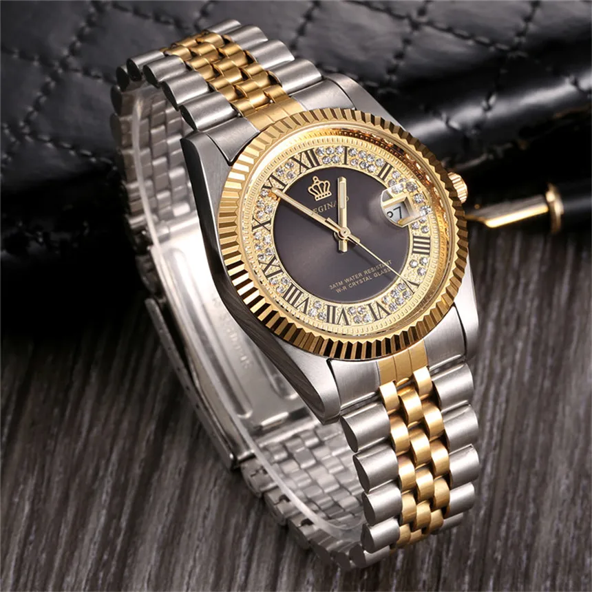 Top Brand REGINALD Watch Men Luxury Diamond Watches Blue Face Gold Silver Stainless Steel Band Quartz Wristwatches Montre Homme